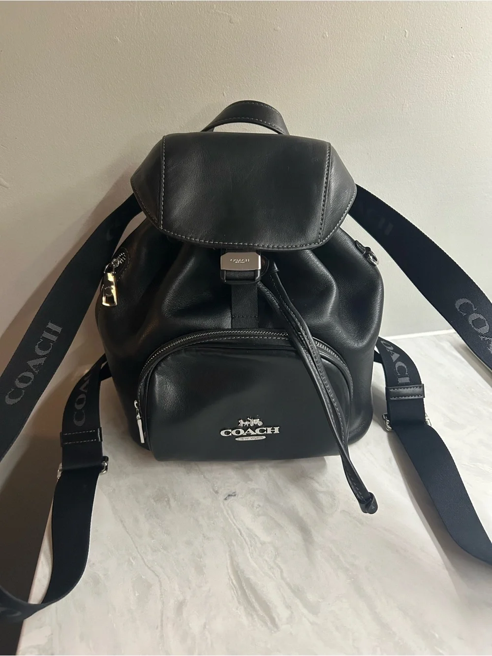 Coach Black Leather Logo Drawstring Backpack - Picture 3 of 12